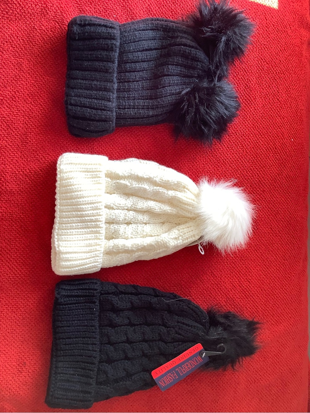 Kids Pom Pom Knit Beanie - Black & Cream -